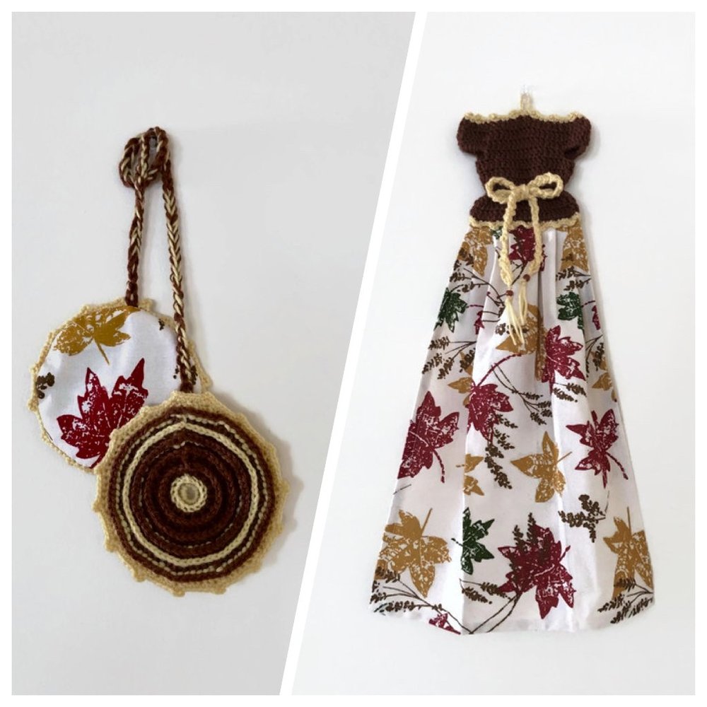 Crochet hanging dish towel, pot holder, fall gift set